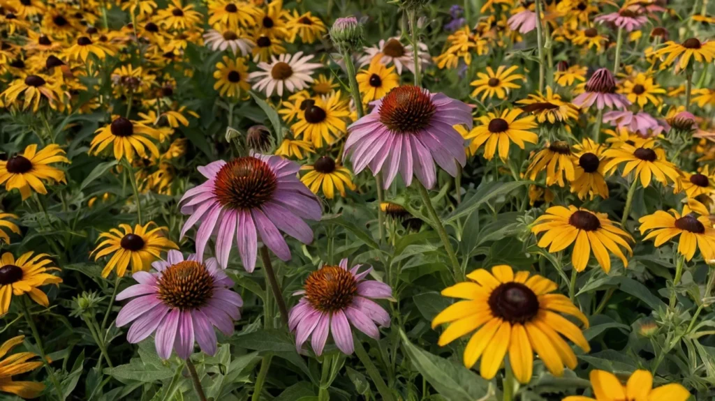 A field of Purple Coneflowers interspersed with Black-Eyed Susans.