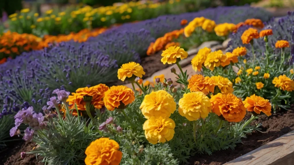 A garden bed featuring a mix of Lavender and Yellow Marigolds.