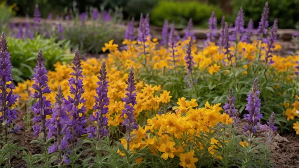 A garden bed with Purple Salvia spikes and clusters of Yellow Coreopsis.