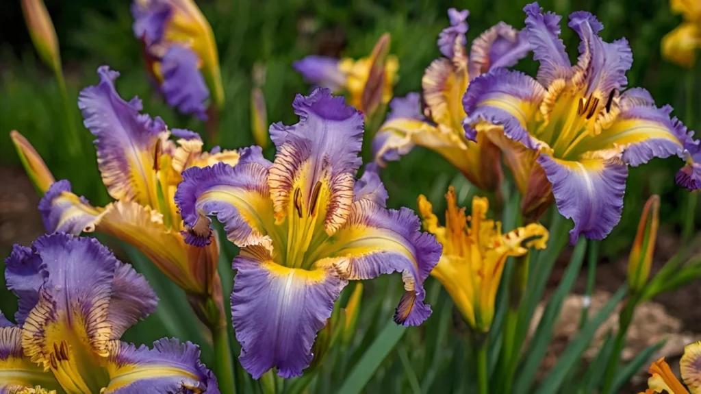A garden border featuring tall Purple Irises and clusters of Yellow Daylilies.
