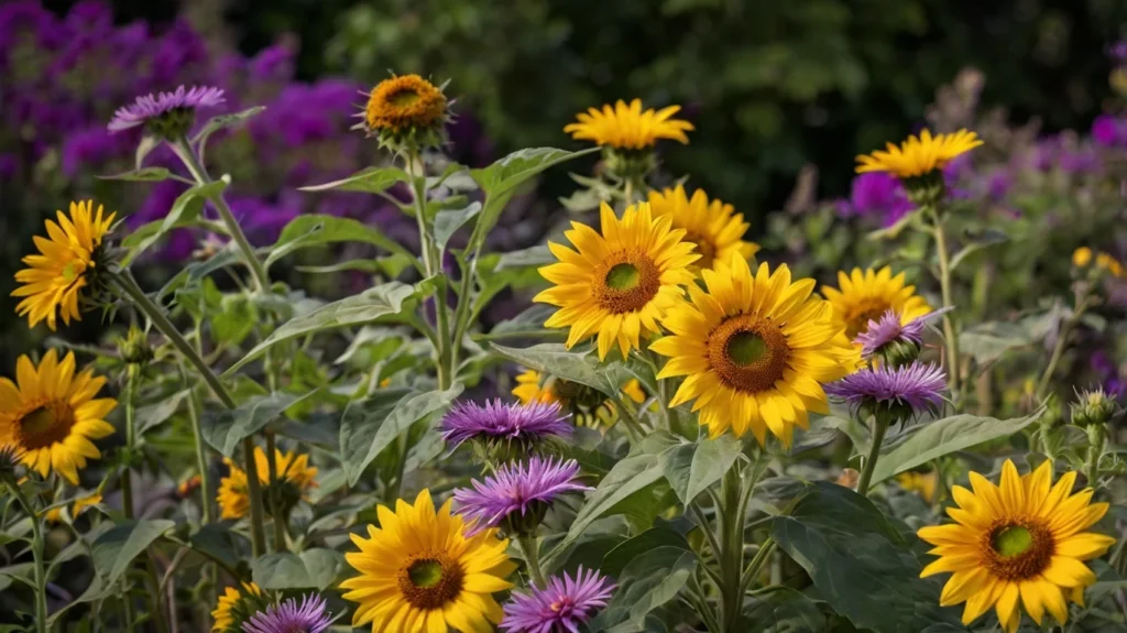 A late summer garden featuring tall Yellow Sunflowers with a backdrop of Purple Asters.