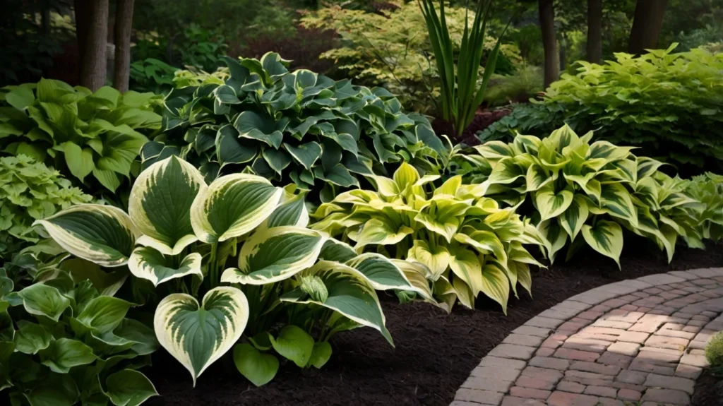A shaded garden area showcasing hosta plants with large, lush leaves in various shapes and colors, creating a rich green display.
