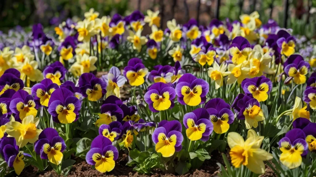 A spring garden bed with clusters of Violet Pansies and Yellow Daffodils in full bloom.
