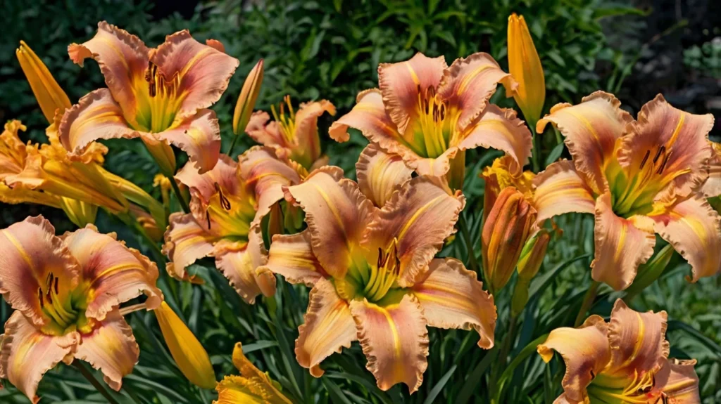 A sunny garden bed filled with clusters of daylilies in various colors, each bloom adding to the garden's vibrant beauty.