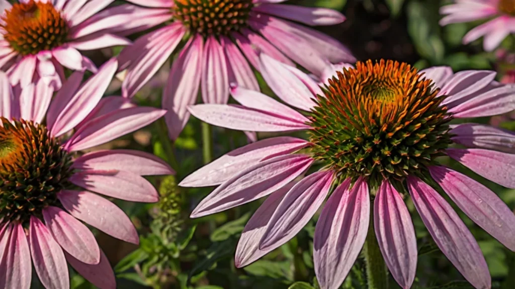A sunny garden featuring coneflowers with distinctive pink and purple petals and spiky centers, beautifully arranged in a vibrant setting.
