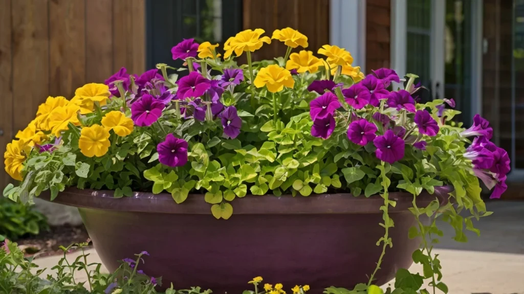 A vibrant container garden with Purple Petunias spilling over the edges and Yellow Zinnias standing tall.