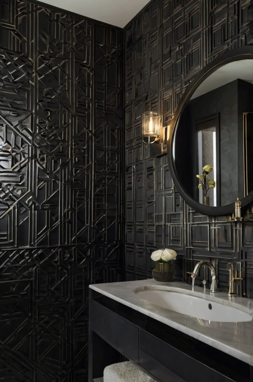 Black Geometric Elegance Black Wallpaper for the Bathroom