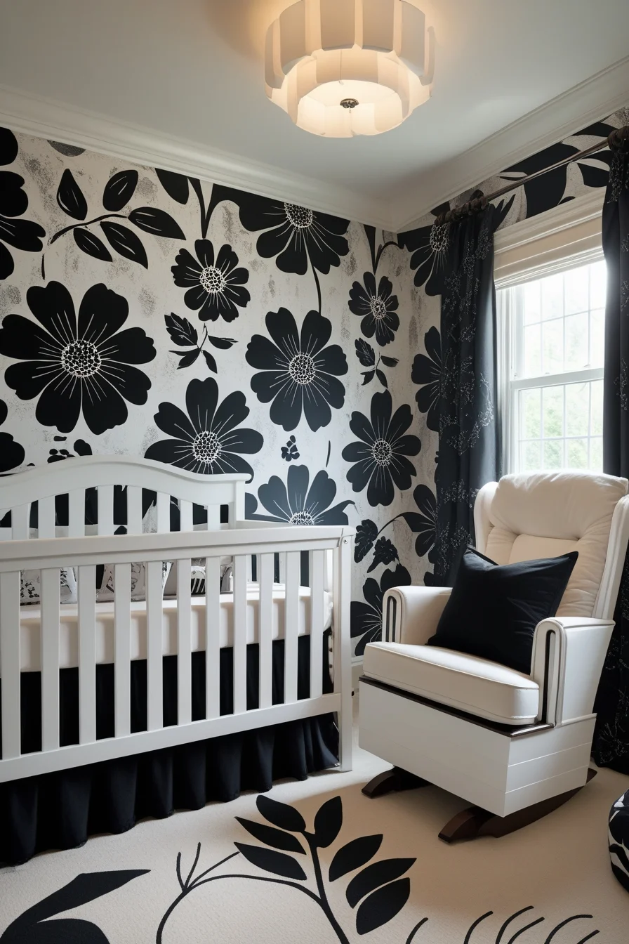 Bold Black Floral Patterns Black Wallpaper for the Nursery