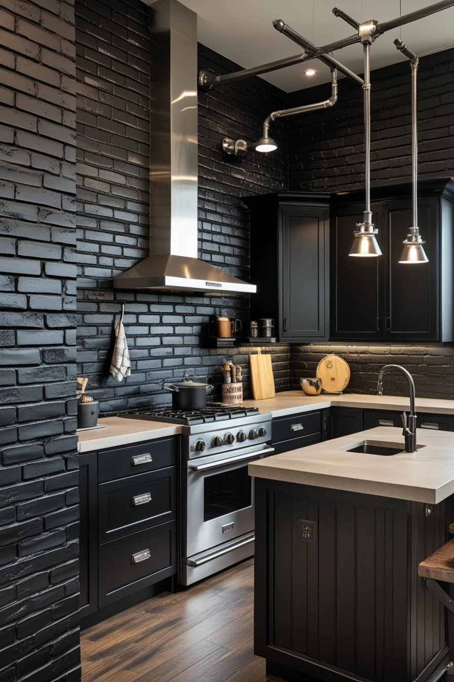 Industrial Black Brick Black Wallpaper for the Kitchen