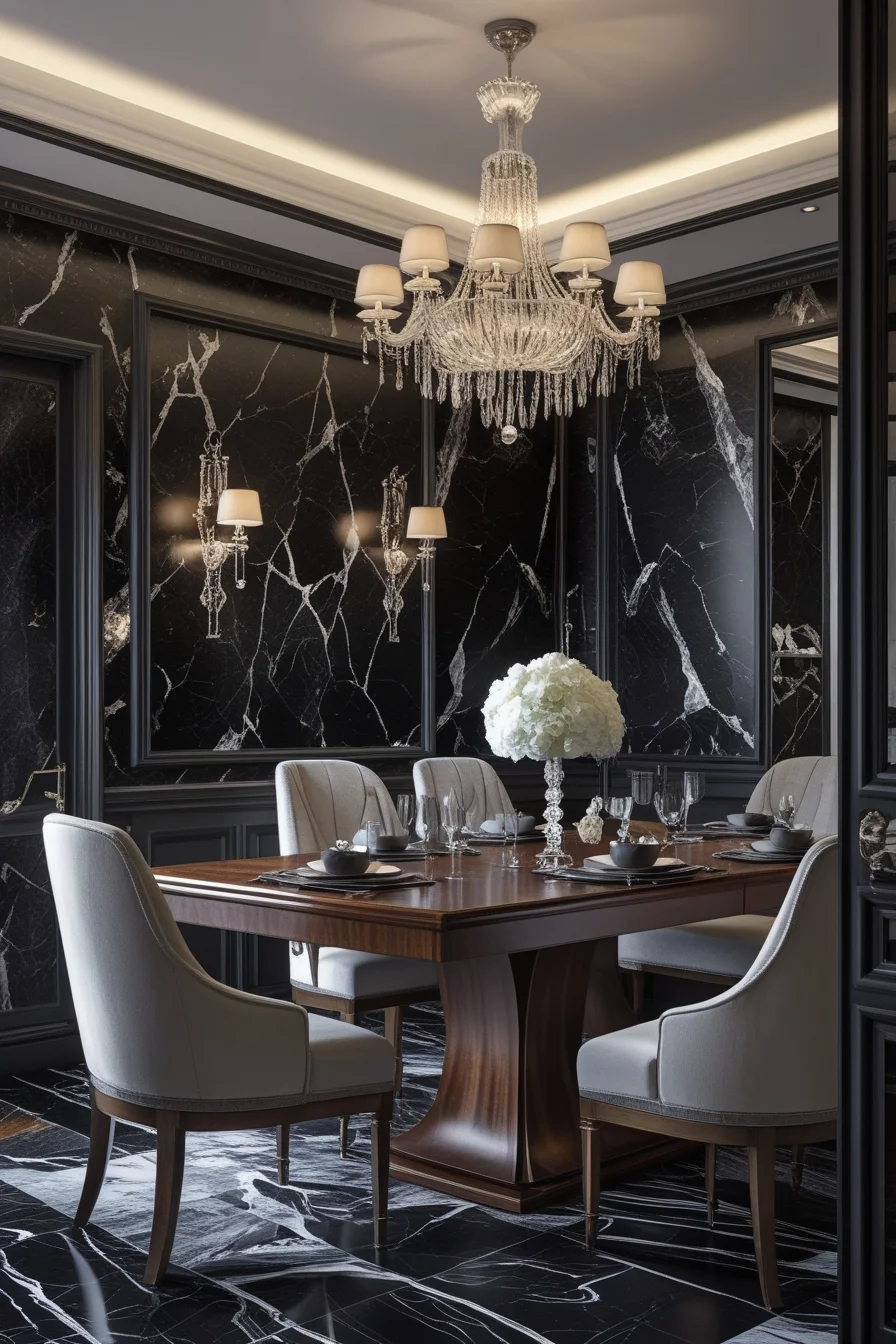 Luxurious Black Marble Patterns Black Wallpaper for the Dining Room