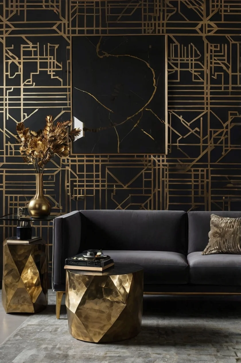 Modern Metallic Geometric Black Wallpaper for the Living Room