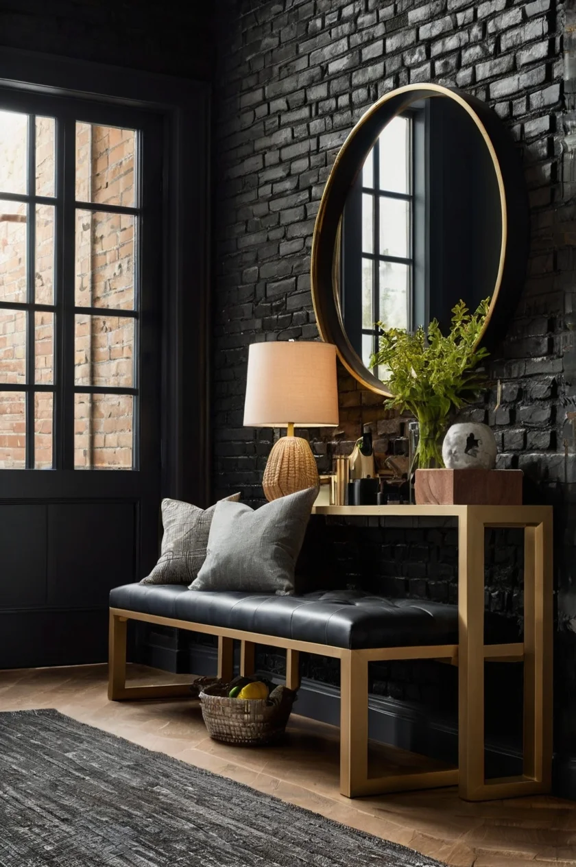 Textured Black Faux Brick Black Wallpaper for the Entryway