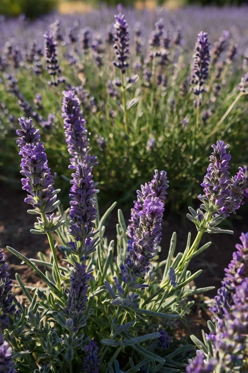 Vibrant lavender plant in full bloom with purple flower spikes and silvery-green foliage against a clear blue sky in a garden setting.