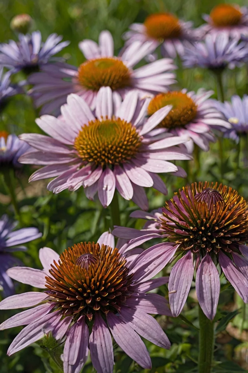 Bright purple coneflower featuring large daisy-like blooms with prominent central cones, attracting bees and butterflies in a sunny meadow.