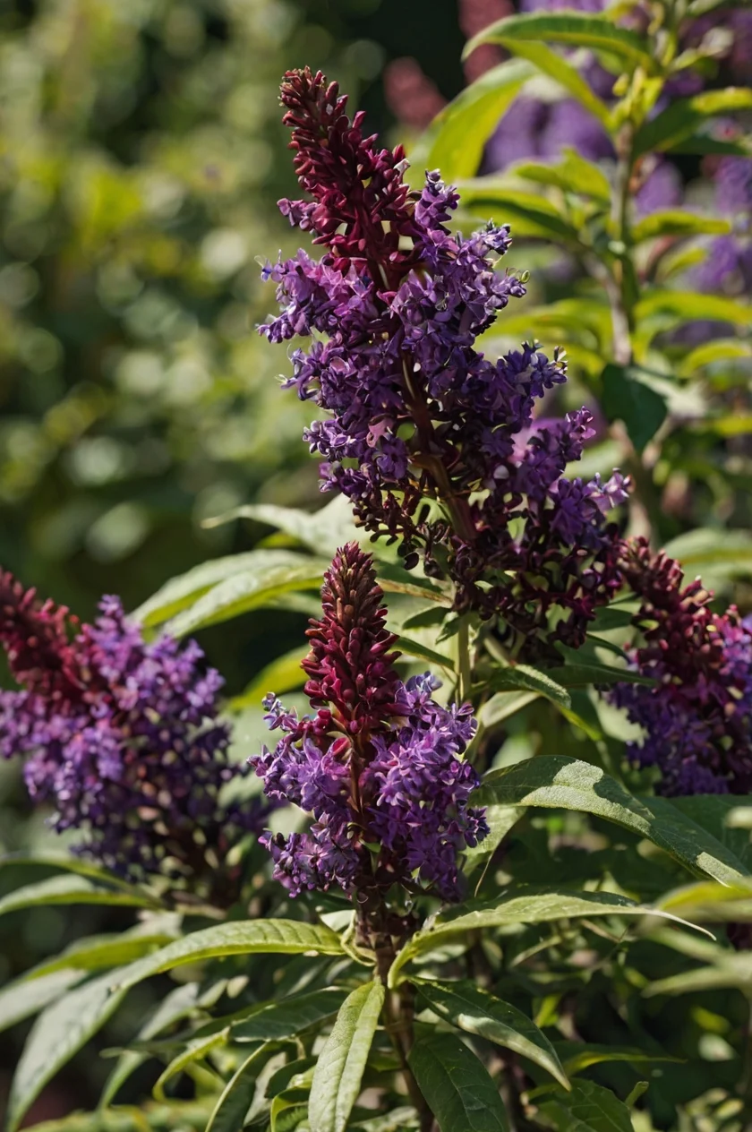 Butterfly Bush 'Black Knight' displaying deep purple flower spikes in a sunny garden area, attracting butterflies and pollinators.
