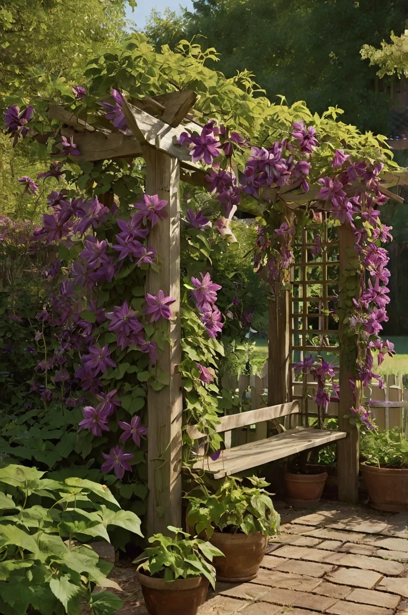 Clematis 'Nelly Moser' climbing gracefully on a wooden arbor, displaying cascading clusters of deep purple flowers in a sunlit garden corner.