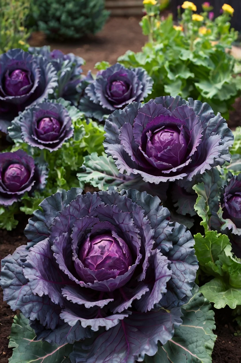 Decorative Purple Ornamental Cabbage with vibrant purple foliage and rounded ball-shaped heads in a mixed border garden.
