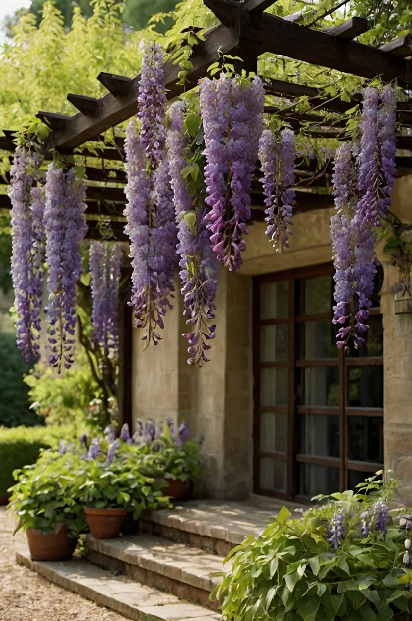 Elegant Wisteria vines draping over a pergola with long clusters of fragrant purple flowers in a lush garden environment.