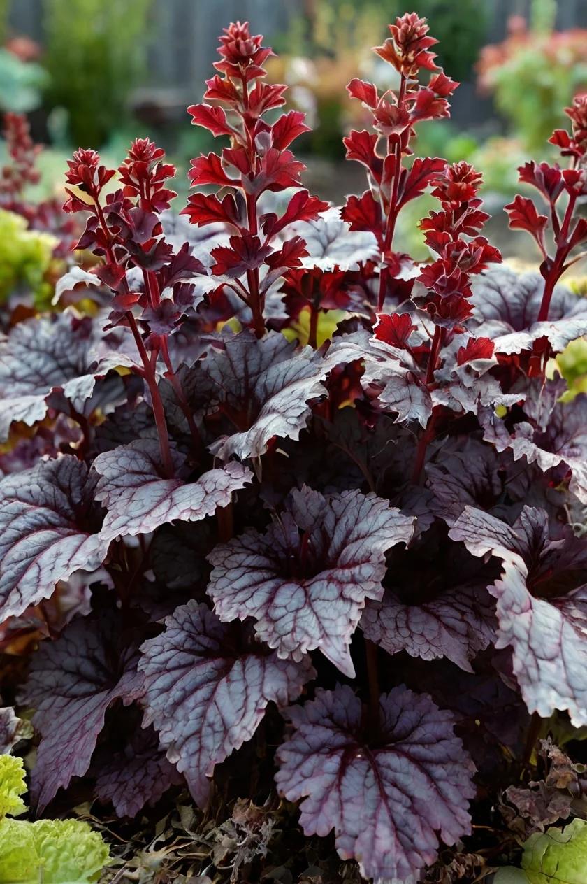 Heuchera 'Palace Purple' showcasing striking purple foliage and delicate flower spikes in a shaded garden area with other perennials.