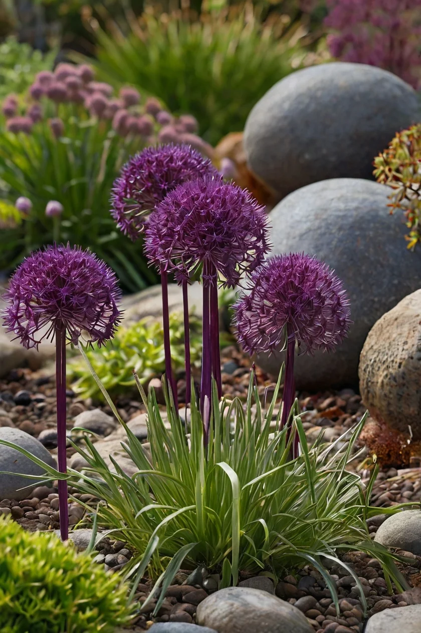 Ornamental Allium 'Purple Sensation' with spherical purple flower heads atop tall, slender stems in a rock garden setting.