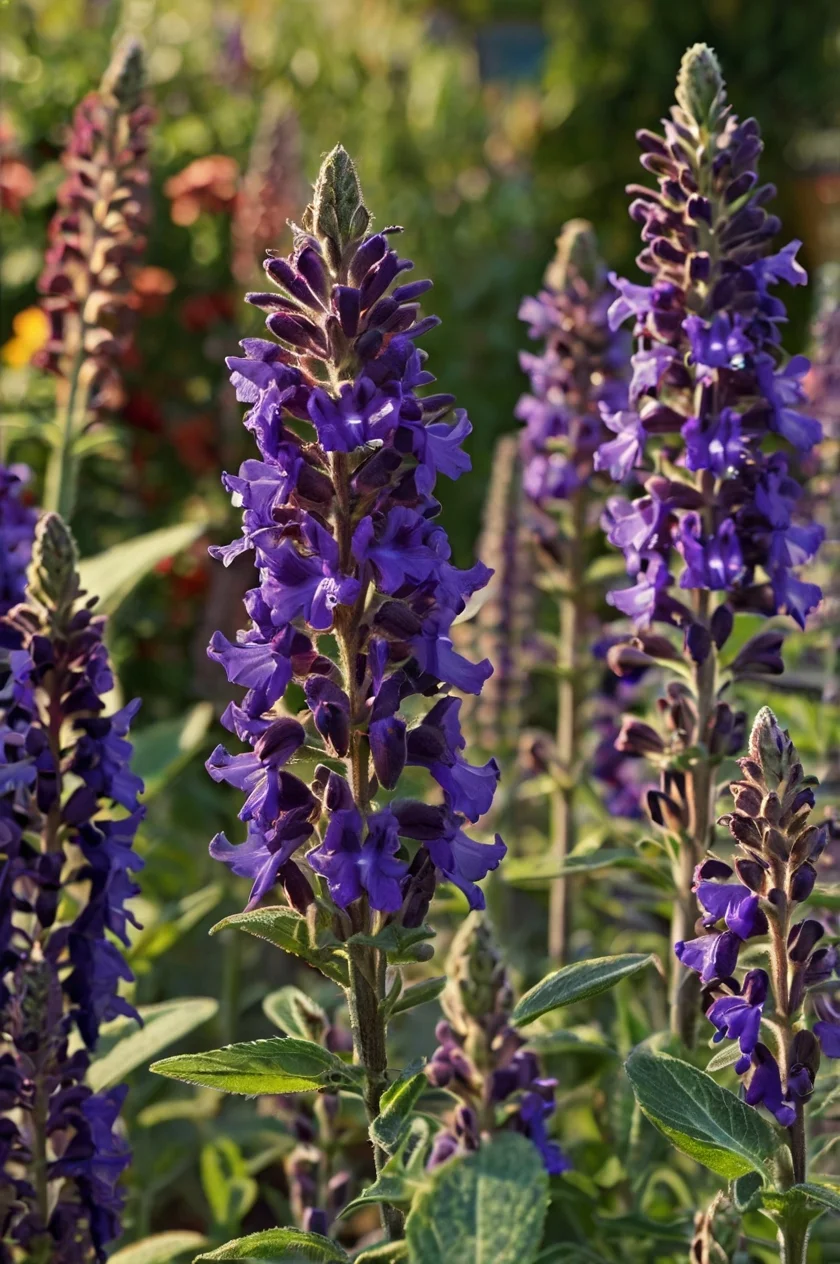 Salvia 'Royal Velvet' featuring lush, velvety purple flowers on tall stems, attracting hummingbirds and butterflies in a sunny border.