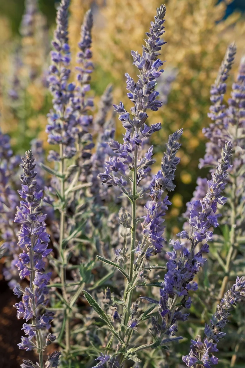 Tall Russian Sage with airy stems adorned with small lavender-blue flowers, set in a sunny, well-drained garden bed.